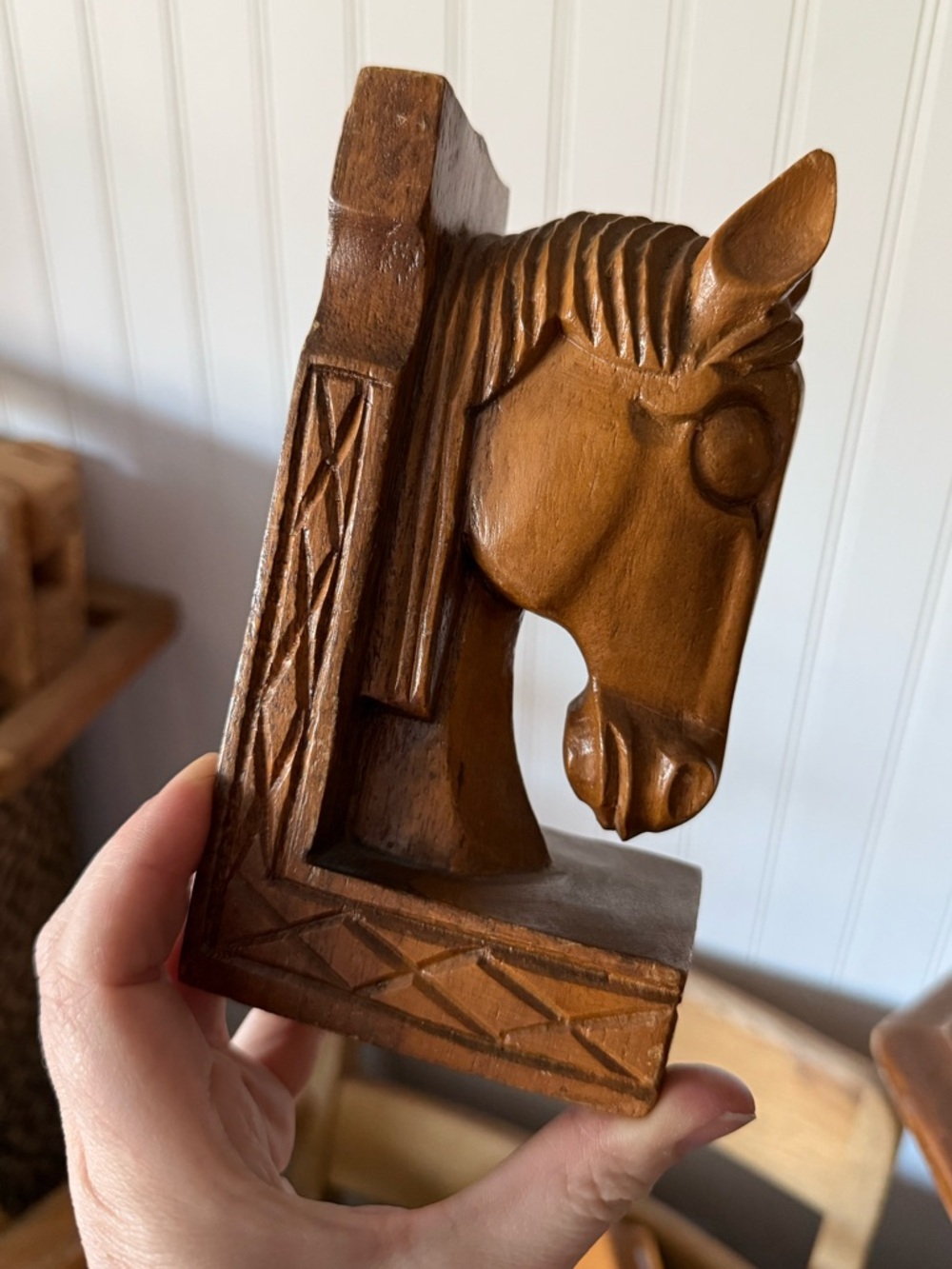Vintage Carved Wooden Horse Bookend in Warm Brown